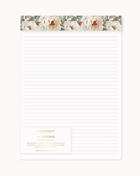 Bespoke letterpress, lined notepad with floral pattern